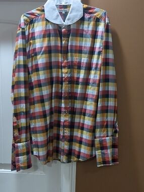 Button-Up Plaid Shirt Men's White Collar And Cuffs Sz 17.5 36/37 Daniel Ellisa